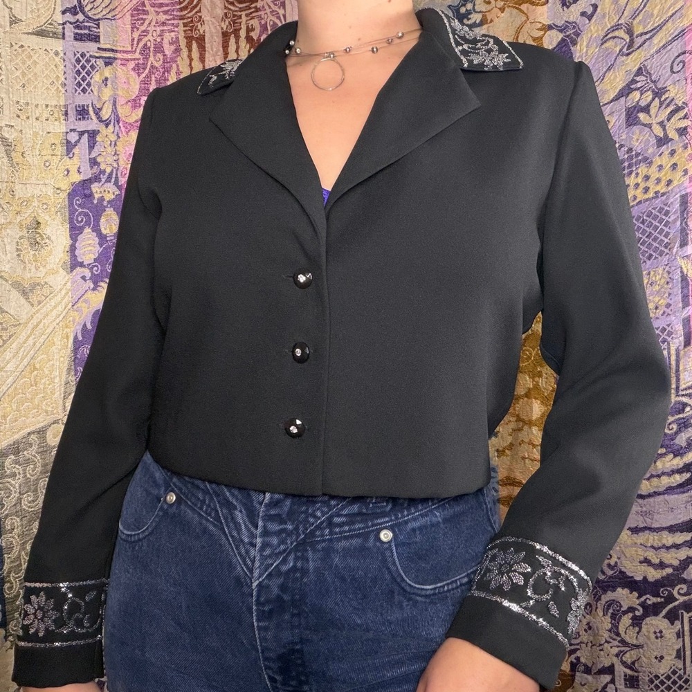 Vintage Western Glam Black Silver Metallic Embroidered Cropped Blazer Size L